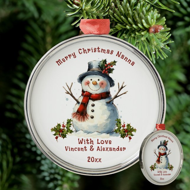 Christmas Snowman Gift For Nanna Metal Tree Decoration (Christmas Snowman Gift For Nanna Metal Ornament)