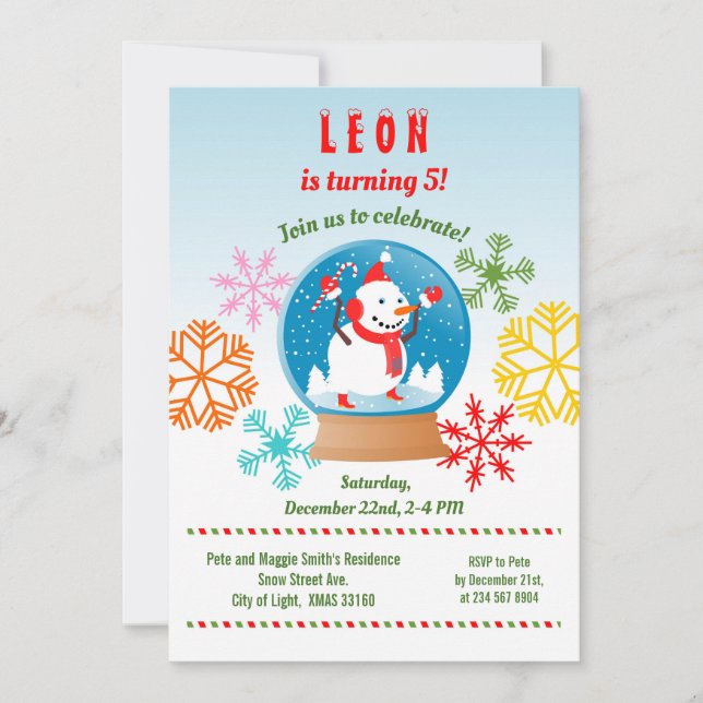 Christmas Snowman globe and snowflakes birthday Invitation (Front)