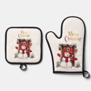 Christmas Snowman Gold Merry Christmas Text Oven Mitt & Pot Holder Set