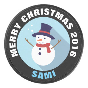 Christmas Snowman Hockey Puck
