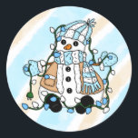 Christmas Snowman holding Lights Classic Round Sticker<br><div class="desc">Cute hand drawn snowman holding Christmas lights with cute hat and mittens in blue and tan.</div>
