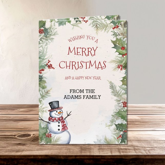 Christmas Snowman Holly Fir and Snow Scene Family Card (Creator Uploaded)