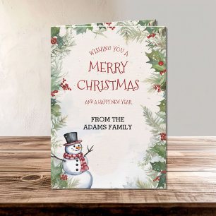Christmas Snowman Holly Fir and Snow Scene Family Card