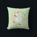 Christmas Snowman Hugs Love Kisses Green Cushion<br><div class="desc">This pillow features a cute Christmas snowman with a cheery Christmas message.</div>