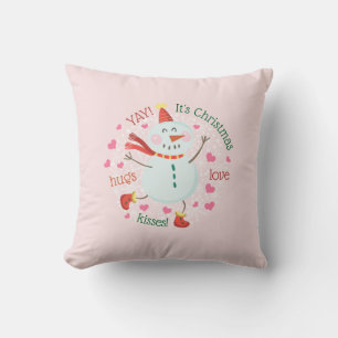 Christmas Snowman Hugs Love Kisses Pink Cushion