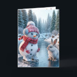 Christmas Snowman Ice Skating<br><div class="desc">A cheerful snowman ice skating on a frozen pond wearing a red hat and scarf stands on an icy surface accompanied by a curious rabbit.
Text can be changed.</div>