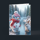Christmas Snowman Ice Skating<br><div class="desc">A cheerful snowman ice skating on a frozen pond wearing a red hat and scarf stands on an icy surface accompanied by a curious rabbit.
Text can be changed.</div>