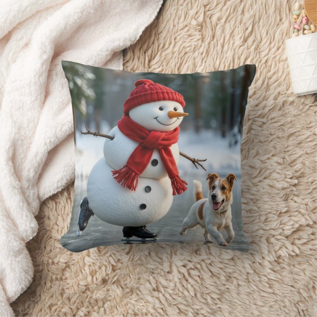 Christmas Snowman Ice Skating With Dog Cushion (Blanket)