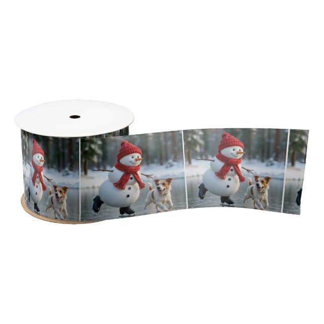 Christmas Snowman Ice Skating With Dog Satin Ribbon (Spool)