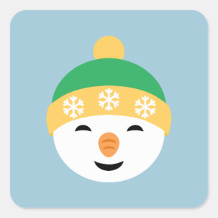 Christmas Snowman in Green Hat on Light Blue Square Sticker