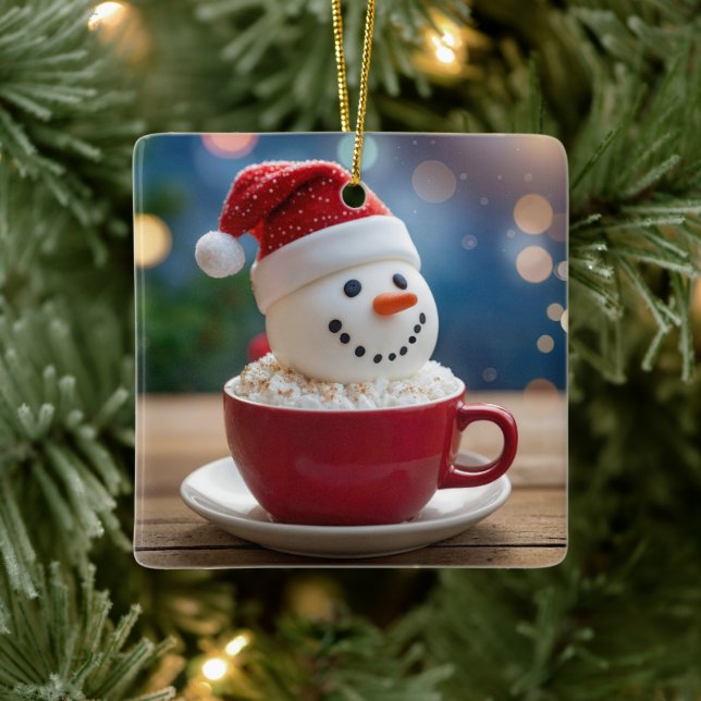 Christmas Snowman In Hot Cocoa Ceramic Ornament (Tree)