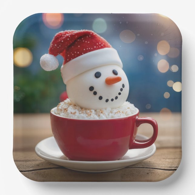 Christmas Snowman In Hot Cocoa Paper Plate (Front)
