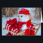 Christmas snowman in sled<br><div class="desc">cute snowman in old wooden sled holding a holiday gift with red bow</div>