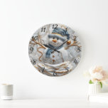 Christmas Snowman in Snowflakes Large Clock<br><div class="desc">A delightful Christmas clock featuring a cheerful snowman adorned in a blue scarf and hat. Set against a textured background of frosty white,  the intricate design captures the essence of winter wonder,  evoking a warm holiday spirit.</div>