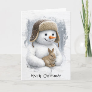 Christmas Snowman In Winter Woods with Bunny Card