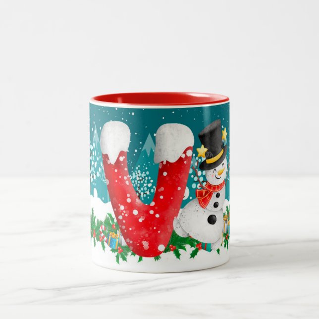 Christmas Snowman Initial Letter Monogram Mug (Center)