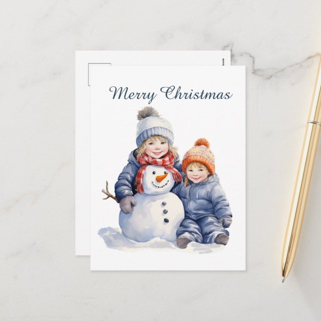 Christmas snowman kids add text watercolor Holiday Postcard (Front/Back In Situ)