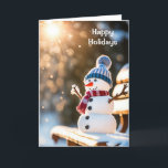 Christmas Snowman On a Park Bench<br><div class="desc">Cute Christmas snowman on a park bench in a winter forest with sunbeams</div>