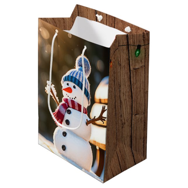 Christmas Snowman On a Park Bench Medium Gift Bag (Front Angled)