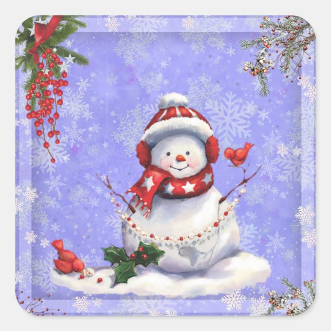 Christmas Snowman on Blue with Snowflakes  Square Sticker (Front)