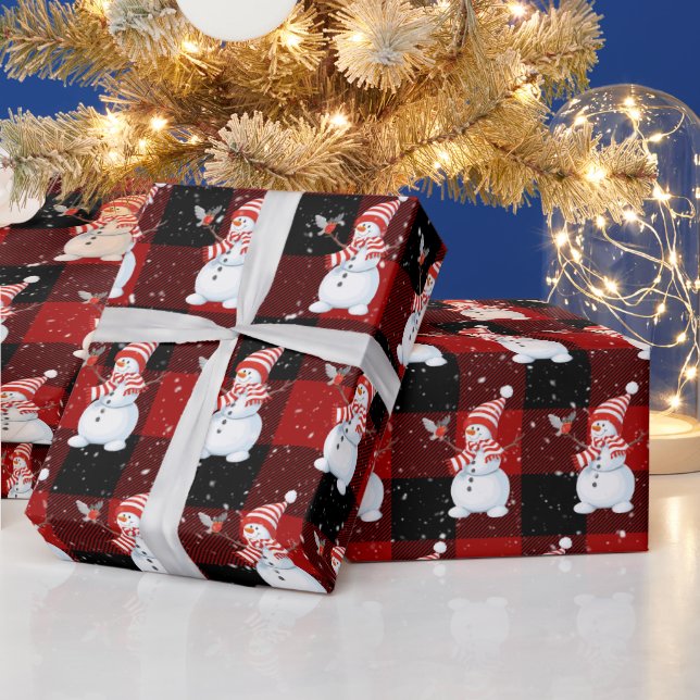 Christmas Snowman On Buffalo Plaid Wrapping Paper (Holidays)