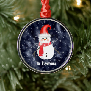 Christmas Snowman on Dark Blue Snowy Background Metal Tree Decoration