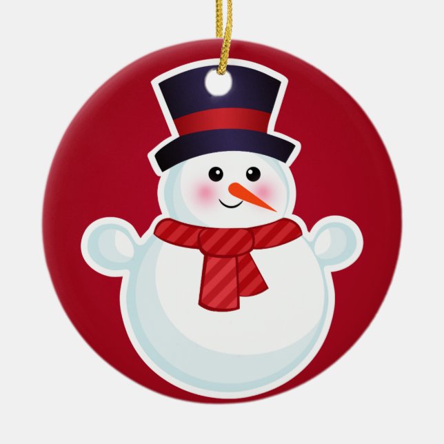 Christmas Snowman on Red Background Ceramic Tree Decoration (Front)