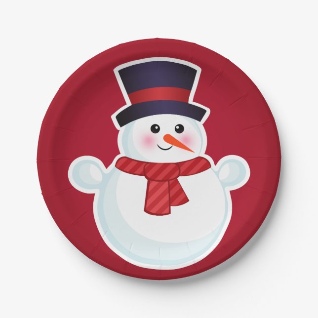 Christmas Snowman on Red Background Paper Plate (Front)