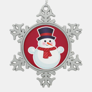Christmas Snowman on Red Background Snowflake Pewter Christmas Ornament