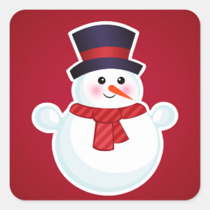Christmas Snowman on Red Background Square Sticker
