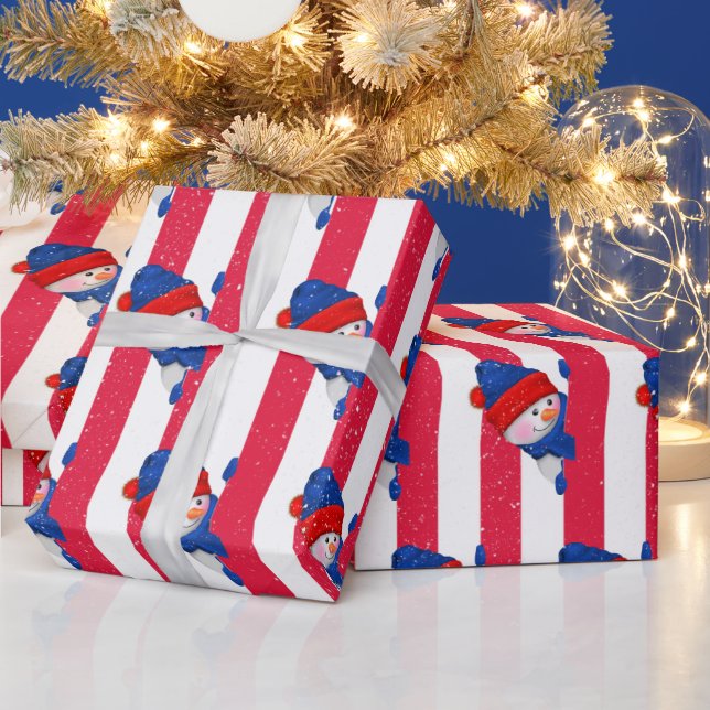  Christmas Snowman On Stripes and Snowflakes  Wrapping Paper (Holidays)