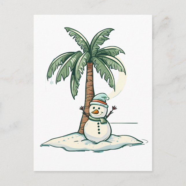 Christmas - Snowman on the Beach with Palm Tree Postcard (Front)
