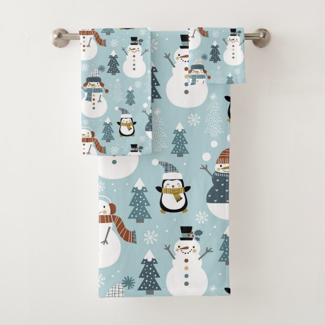 Christmas Snowman, Penguins and Trees  Bath Towel Set (Insitu)