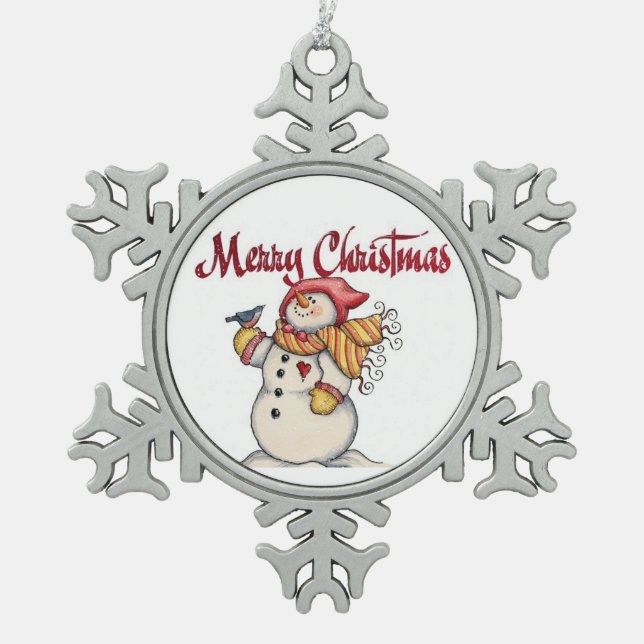 Christmas Snowman Pewter Snowflake Ornament (Front)