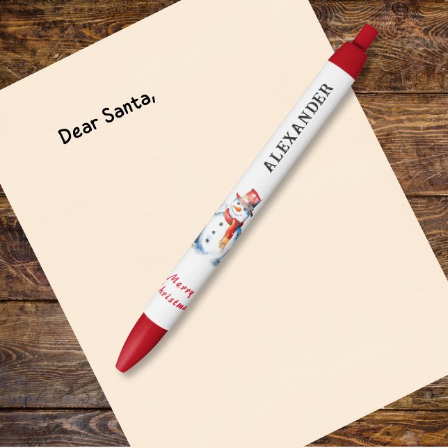 Christmas Snowman Picture Festive Holiday Kids Black Ink Pen (A fun Christmas pen with snowman design, to personalize with a name)