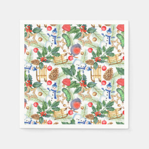 Christmas Snowman, Pine Cones, Holly, Sled, Star Napkin
