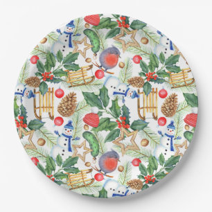 Christmas Snowman, Pine Cones, Holly, Sled, Star Paper Plate