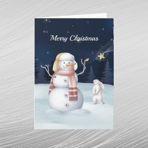 Christmas Snowman Rabbit Star Watercolor Night  Holiday Card