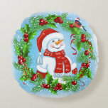 Christmas Snowman Round Pillow<br><div class="desc">Christmas Snowman with Holly Wreath and a Bird Round Pillow Zazzle pillows now come in even more sizes and shapes! Make a statement without having to say a word when you accent your home with fully customisable pillows from Zazzle. Made from high-quality fabric, these soft pillows look great with your...</div>