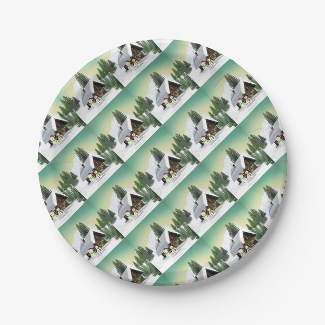 Christmas Snowman Scene Paper Plate (Front)