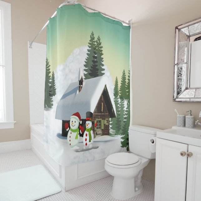 Christmas Snowman Scene Shower Curtain (In Situ)
