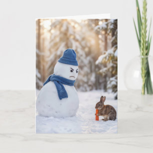 Christmas Snowman Scowling at a Rabbit Card