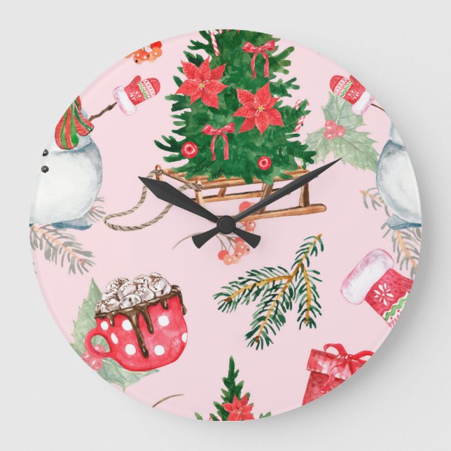 Christmas Snowman Seamless Pattern. Large Clock (Front)