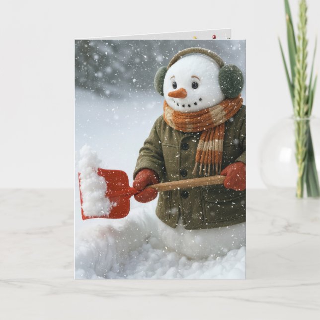 Christmas Snowman Shoveling Snow Card (Front)