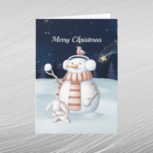 Christmas Snowman Snowballs Rabbit Night Sky Holiday Card