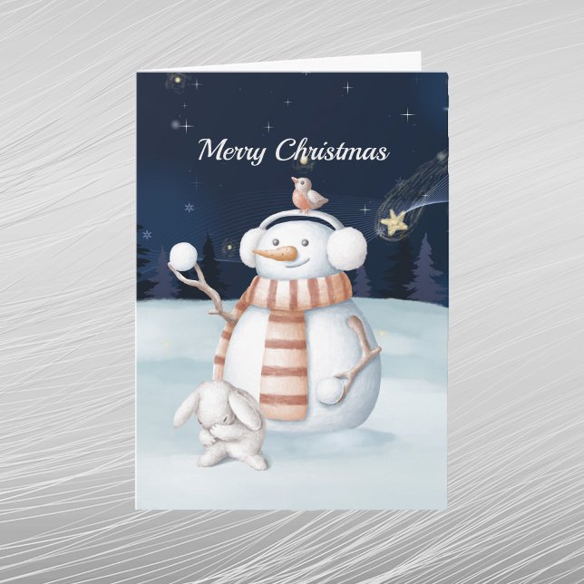 Christmas Snowman Snowballs Rabbit Night Sky Holiday Card (Creator Uploaded)