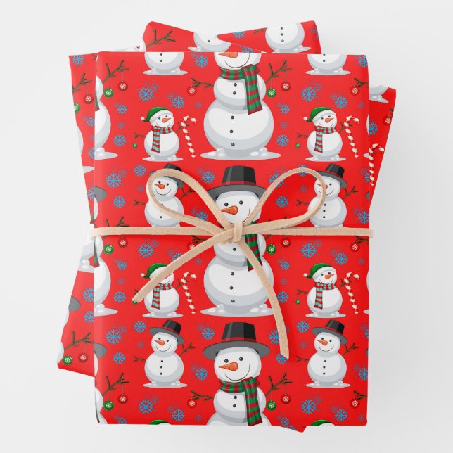Christmas Snowman, Snowflakes, Candy Cane Red Wrapping Paper Sheet (In situ)