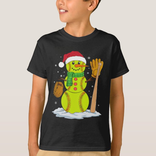 Christmas Snowman Softball Pitcher Boys Kids Teens T-Shirt (Front)