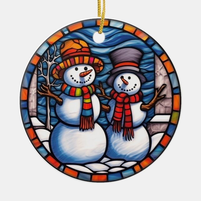 Christmas Snowman stained glass style Ceramic Tree Decoration (Front)