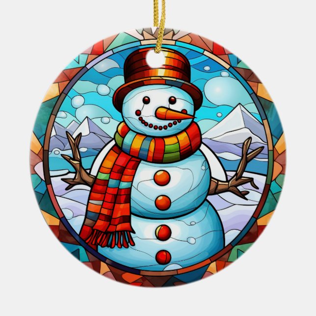 Christmas snowman  stained glass style ceramic tree decoration (Front)